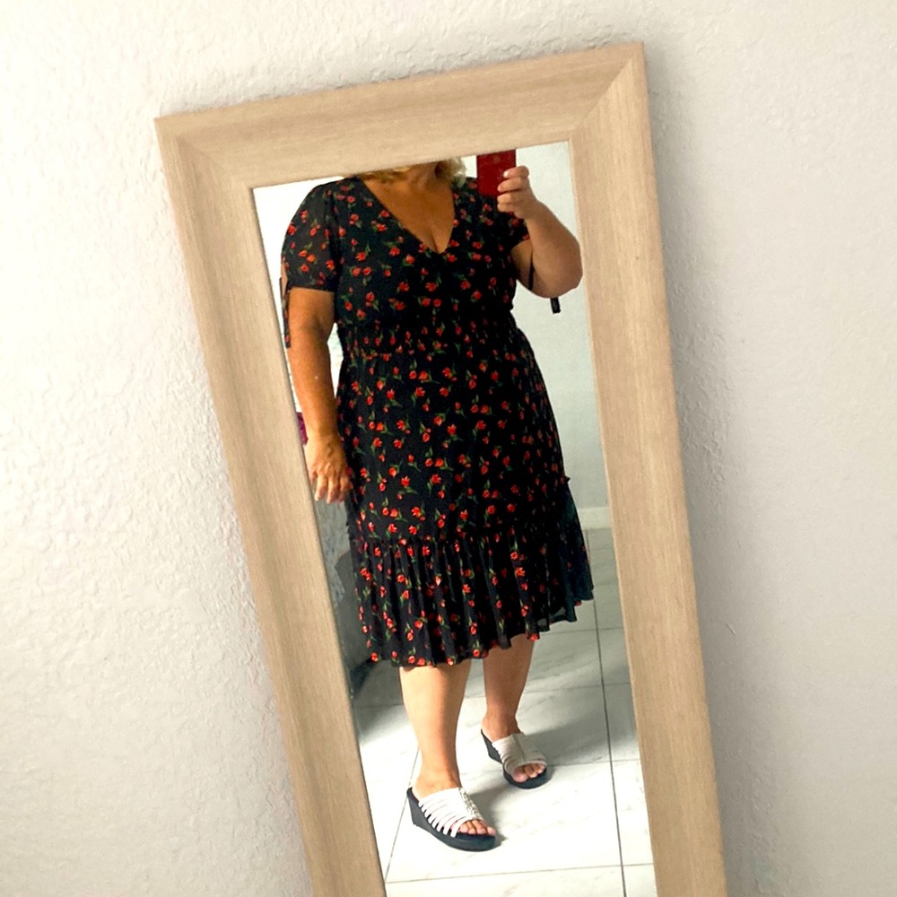 Beautiful black v neck dress with red flowers